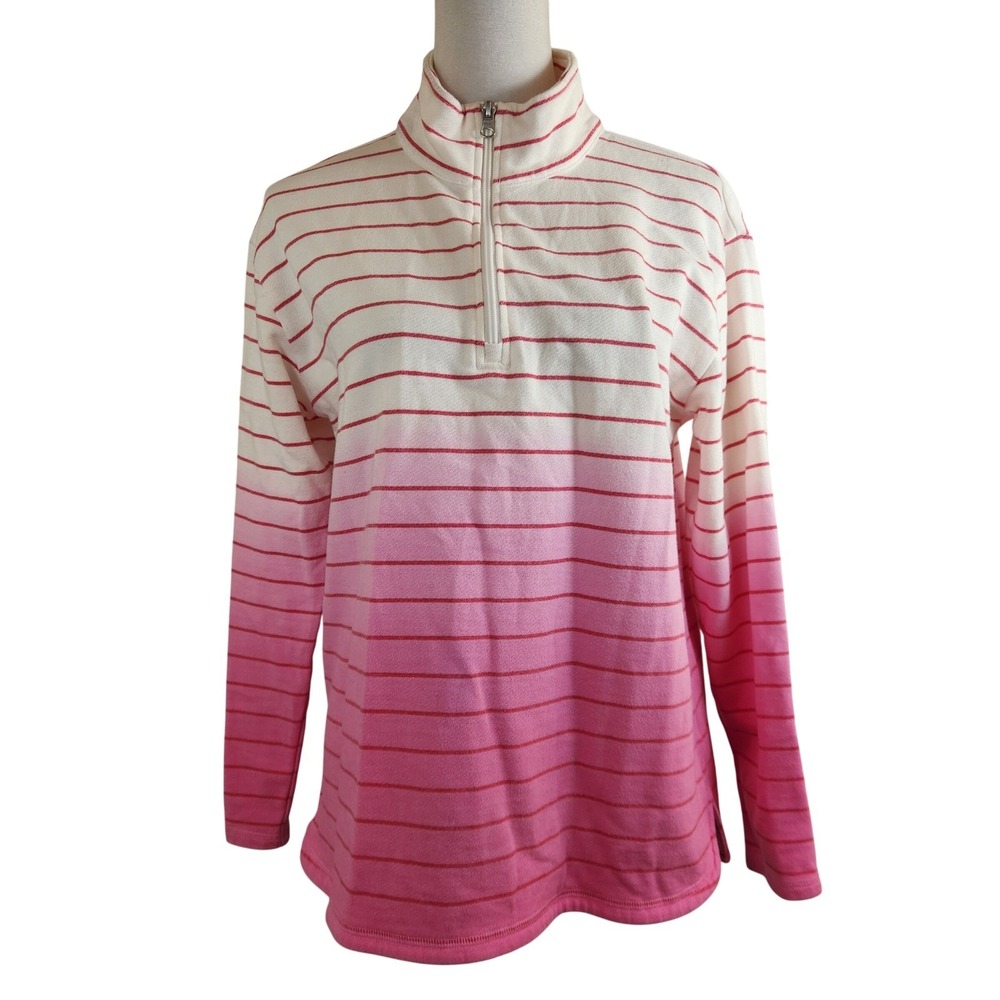 T by Talbots Womens LP Pink White Ombre Striped 1/4 Zip Pullover Sweatshirt Top